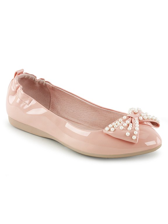 Pointed Toe Foldable Flats W/ Pearl Embellished Bow - B. Pink Pat, 7
