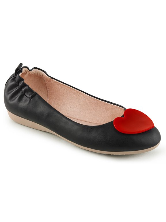 Round Toe Foldable Flats W/ Heart Adornment - Blk Faux Leather, 8
