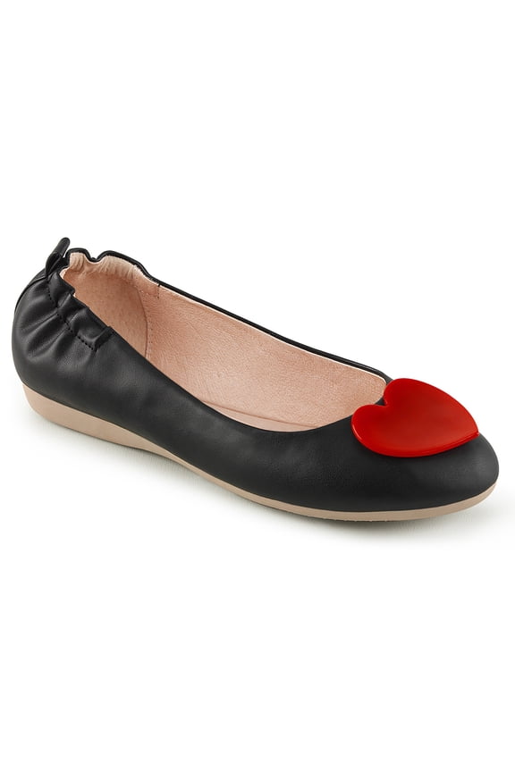 Round Toe Foldable Flats W/ Heart Adornment - Blk Faux Leather, 8