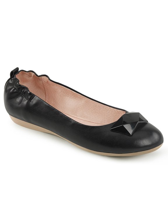 Round Toe Foldable Flats W/ Geometric Adornment - Blk Faux Leather, 7