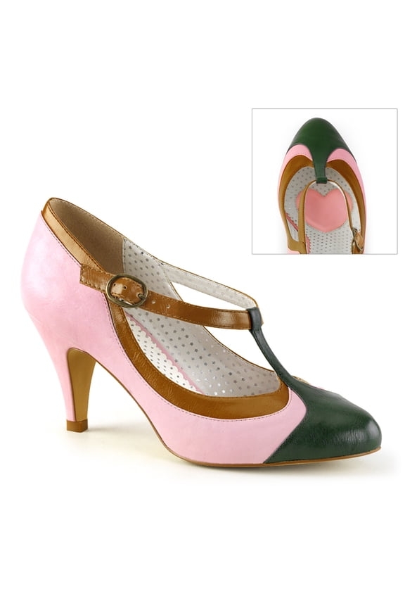 3" Heel T-Strap Pump - B.Pink Multi Faux Leather, 8