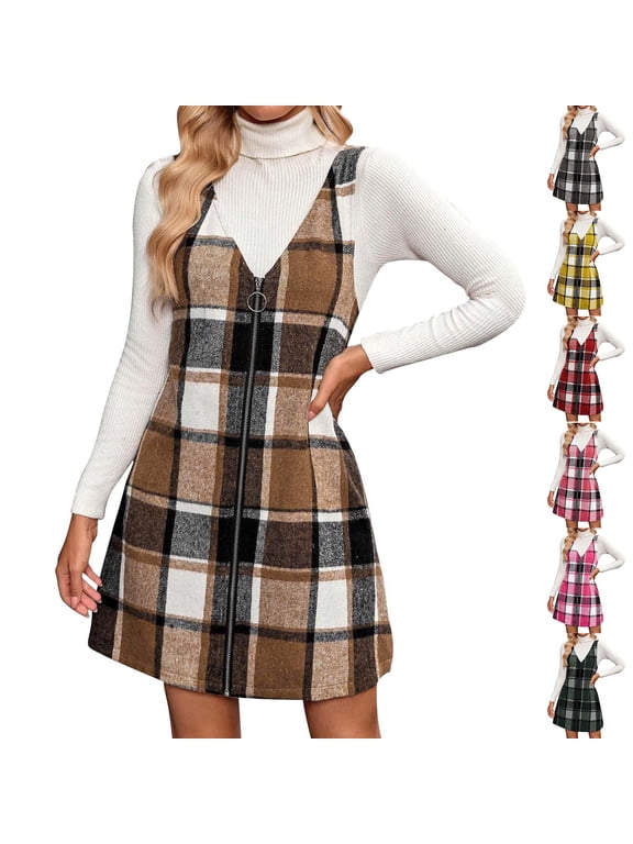 Women's Pinafore Dress Plaid V-Neck Sleeveless Zip Front Jumper Casual Midi Dress for Fall Winter Daily Wear,Brown,L