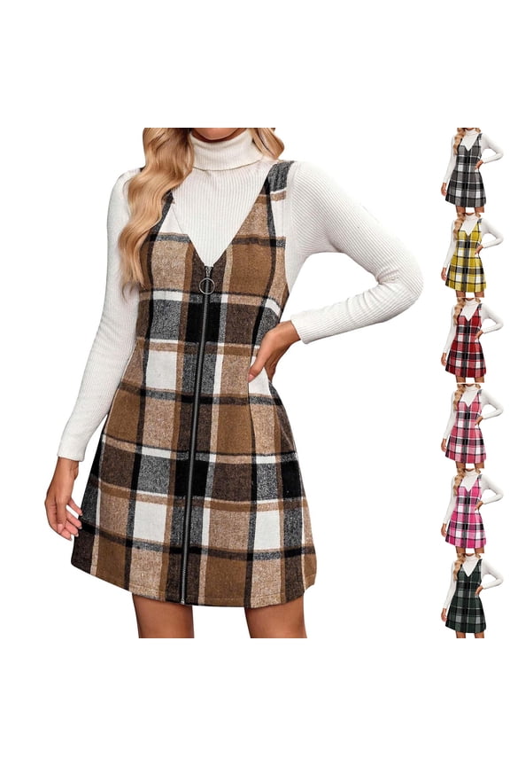 Women's Pinafore Dress Plaid V-Neck Sleeveless Zip Front Jumper Casual Midi Dress for Fall Winter Daily Wear,Yellow,XL