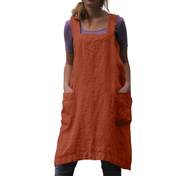 Women's Pinafore Square Apron Baking Cooking Gardening Works Cross Back Cotton/Linen Blend Dress with 2 Pockets,Orange XXL