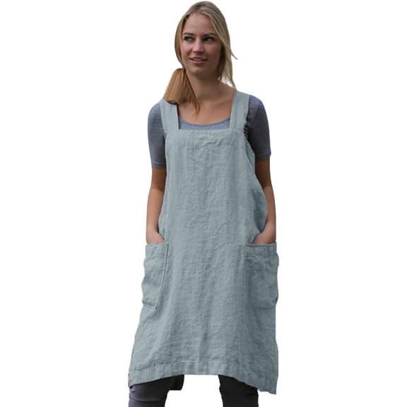 Women's Pinafore Square Apron Baking Cooking Gardening Works Cross Back Cotton/Linen Blend Dress with 2 Pockets