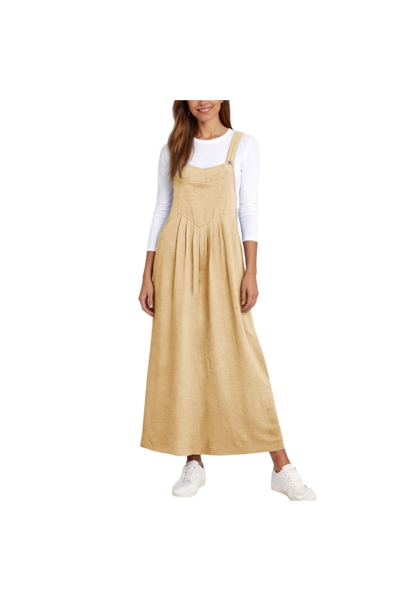 Women's Pinafore Vintage Classic Suspender Maxi Skirts Adjustable Strap A Line Pleated Long Overall Dungarees Dress with Pockets Ladies Baggy Jumpsuits