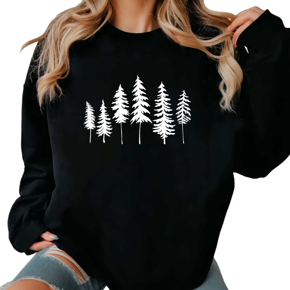 Women's Pine Tree Graphic Comfortable Sweatshirt Casual Top Breathable Round-neck long-sleeved Black S-3XL