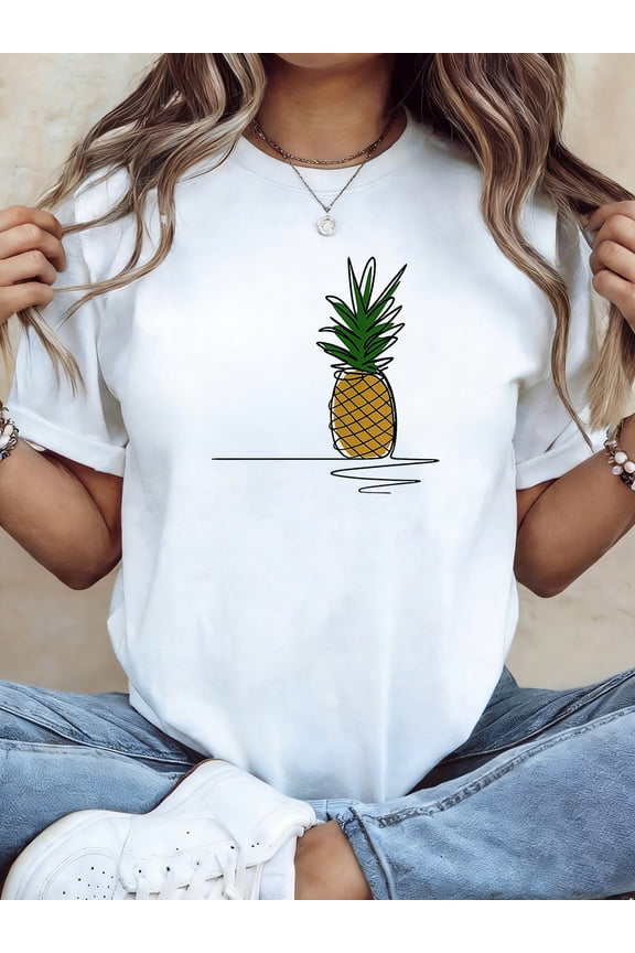 Women's Pineapple Print T-Shirt - Short Sleeve Crew Neck Blouse Suitable, Casual Top with Pineapple Fruit, Beachwear for Vacation, Casual Attire (No Style)