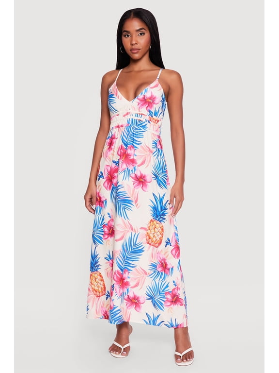 Women's Pineapple Print V-Neck Cami Maxi Dress