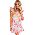 thumbnail image 1 of Women's Pink Abstract Floral Ruffle Trim Flutter Sleeve Buttoned Mini Dress, 1 of 12