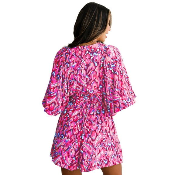 Women's Pink Abstract Print Puff Sleeve V Neck High Waist Romper for Summer Vacations - [ZhiHiMeRi] | (US 12-14)L