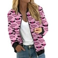 thumbnail image 1 of Women's Pink Bat Print Bomber Jacket Lightweight Casual Zip-Up Coat with Ribbed Cuffs and Hem, 1 of 5