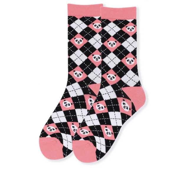 Women's Pink & Black Argyle Panda Socks
