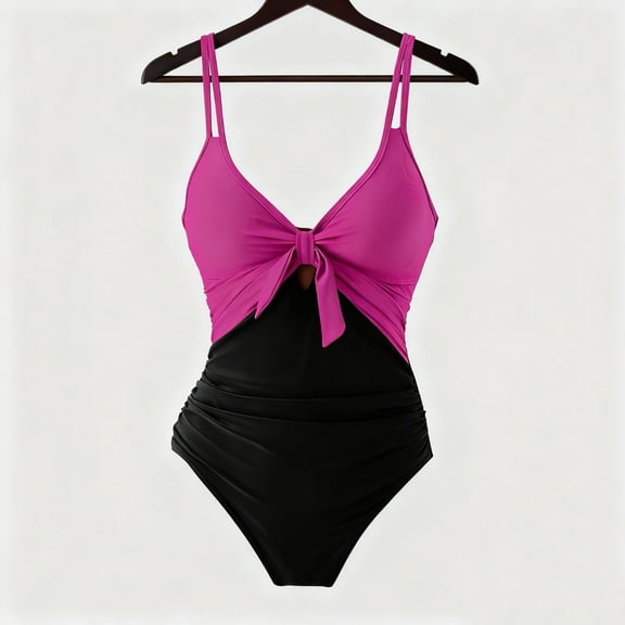 Women's Pink & Black Bow Front One‑Piece Swimsuit - Monokini for Beach & Pool Activities and Summer Photo Shoots
