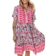 thumbnail image 1 of Women's Pink Bohemian Print Tie Neck Ruffle Hem Short Dress, 1 of 12