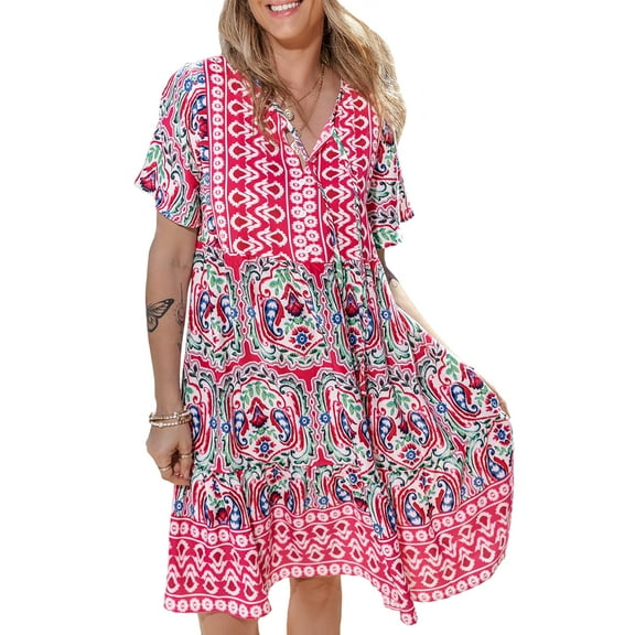 Women's Pink Bohemian Print Tie Neck Ruffle Hem Short Dress
