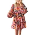 thumbnail image 1 of Women's Pink Bohemian Square Neck Puff Sleeve Mini Dress - Flowy Fit for Everyday & Special Occasions | [ZhiHiMeRi] | (US 12-14)L, 1 of 12
