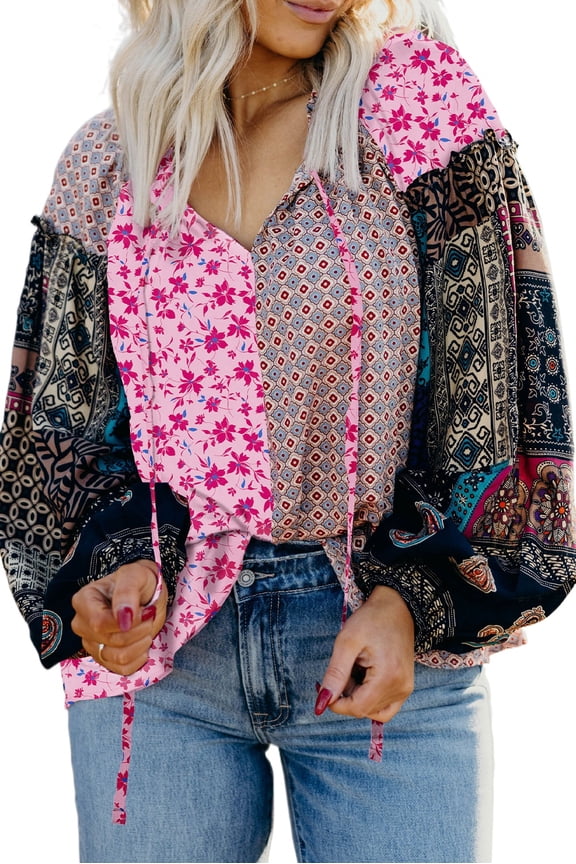 Women's Pink Boho Mixed Floral Drop Shoulder Bubble Sleeve Blouse for Vacation | [ZhiHiMeRi] | L