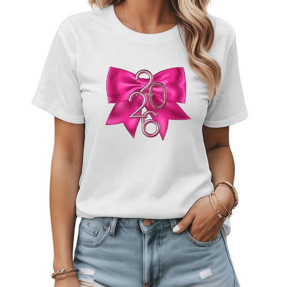 Women's Pink Bow 2026 Comfortable T-Shirt Casual Top Bold Shiny New Year Graphic Short Sleeve Round Neck White S-5XL