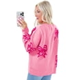 thumbnail image 1 of Women's Pink Bow Pattern Drop Shoulder Loose Fit Sweater - Cozy Winter Knit | [ZhiHiMeRi] | (US 12-14)L, 1 of 12