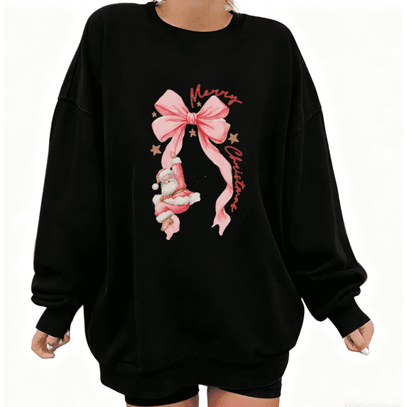 Women's Pink Bow Santa Christmas Graphic Sweatshirt Festive Graphic Top Casual Round-neck long-sleeved Black S-3XL