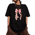 thumbnail image 1 of Women's Pink Bow Santa Merry Christmas Graphic Casual Top for Holiday Users Graphic Tee Short Cotton Sleeve Round Neck Top Black S-5XL, 1 of 5