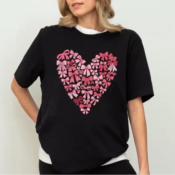 Women's "Pink Bows Heart" Stylish Graphic Casual Comfortable T-Shirt Breathable Short Sleeve Round Neck Top Black S-5XL