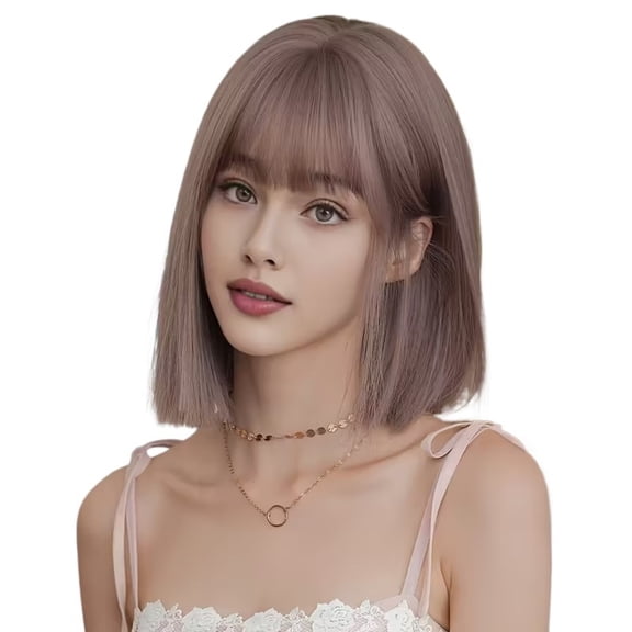Women's Pink & Brown Elegant Short Straight Bob Wig - 14" High Density Heat Resistant Synthetic Hairstyle with Bangs