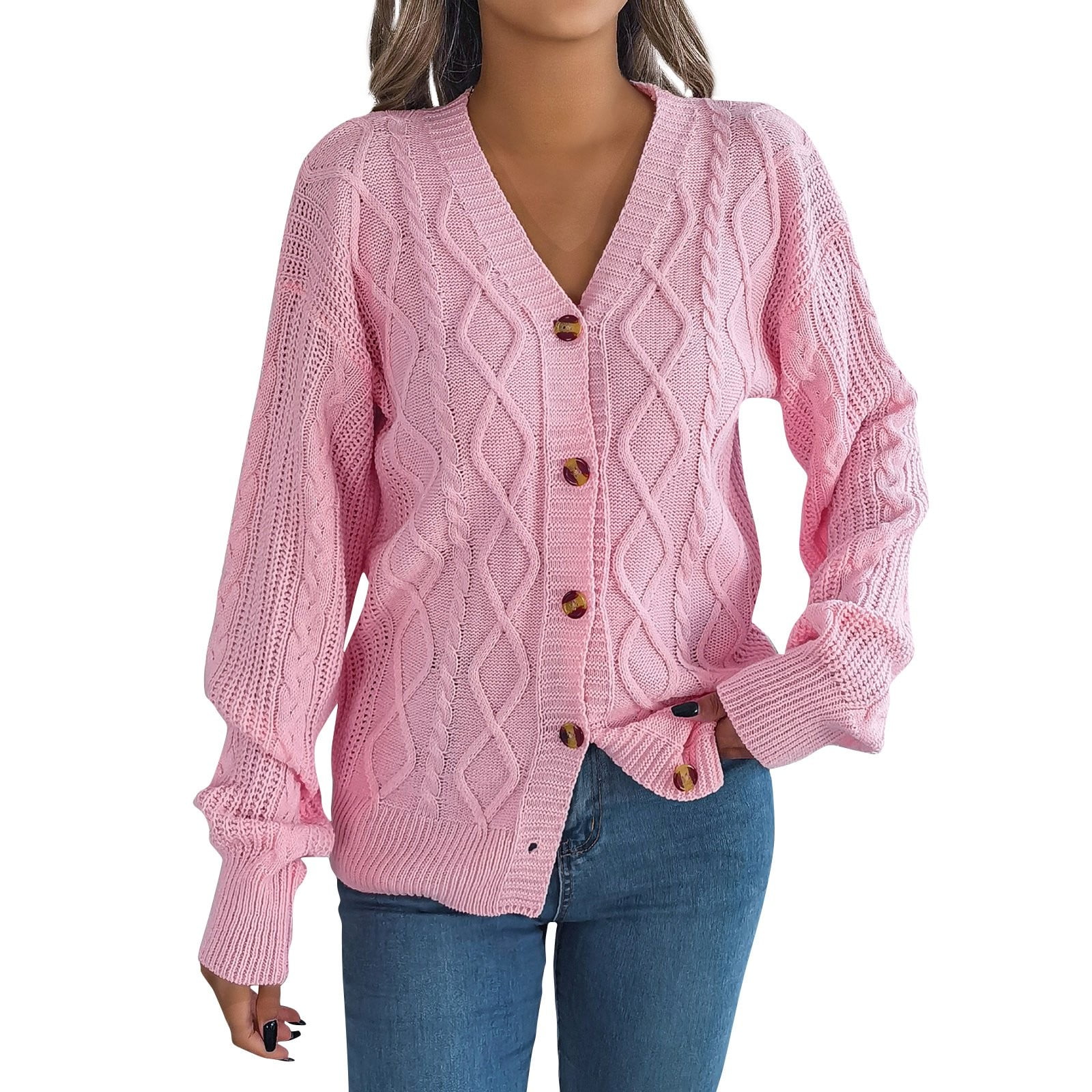 Women's Pink Cable Knit Cardigan Sweater Button Down V-Neck Long