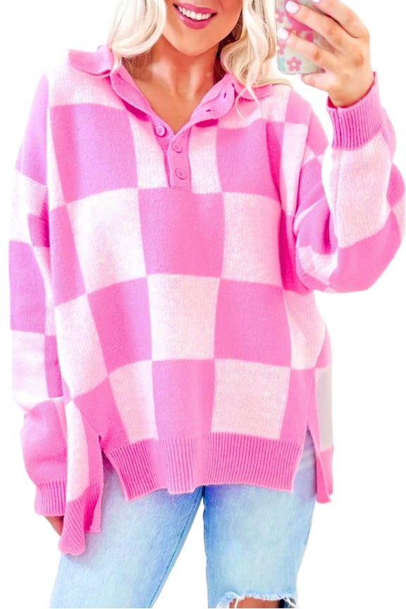 Women's Pink Checkerboard Half Button Collared Drop Shoulder Sweater | [ZhiHiMeRi] | (US 12-14)L