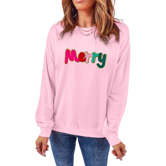 Women's Pink Chenille Merry Graphic Christmas Sweatshirt for Holiday Cheer | [ZhiHiMeRi] | (US 8-10)M