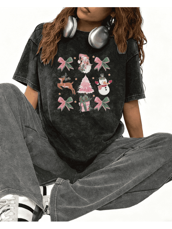 Women's Pink Christmas Icons Graphic Comfortable T Shirt Casual Festive Graphic Top Black S-2XL Plus Size
