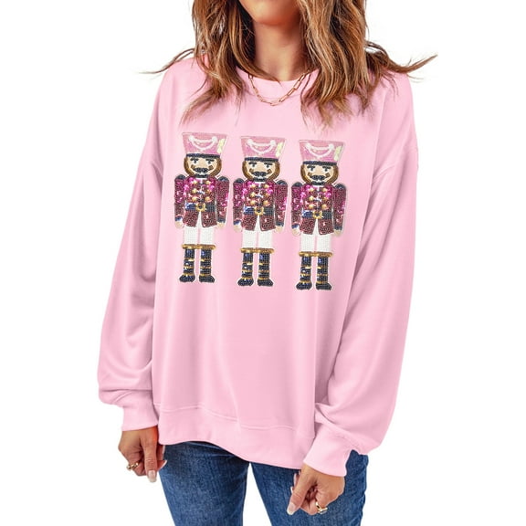 Women's Pink Christmas Nutcracker Graphic Pullover Sweatshirt with Sequins | [ZhiHiMeRi] | (US 20-22)2XL