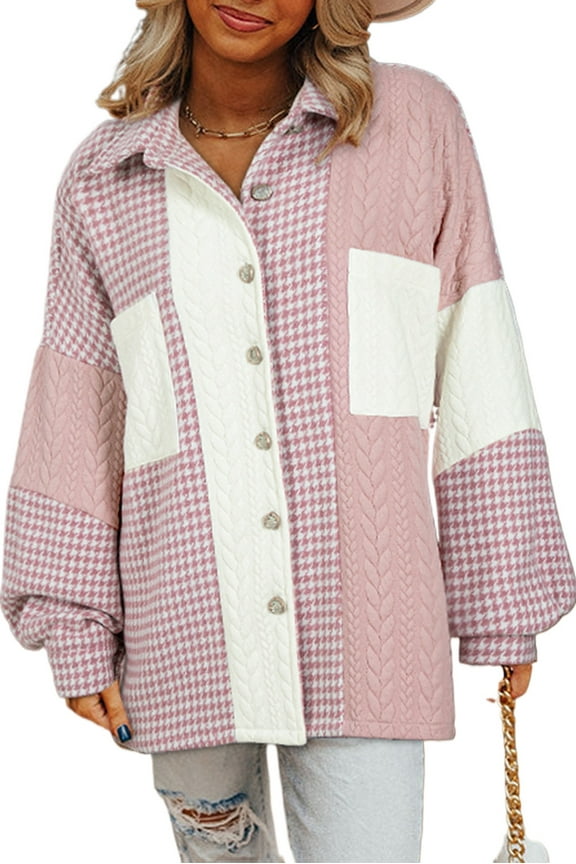 Women's Pink Color Block Houndstooth Loose Shacket | [ZhiHiMeRi] | (US 20-22)2XL