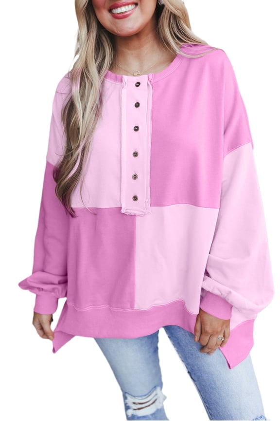 Women's Pink Colorblock Henley Oversize Sweatshirt - High Low Hemline