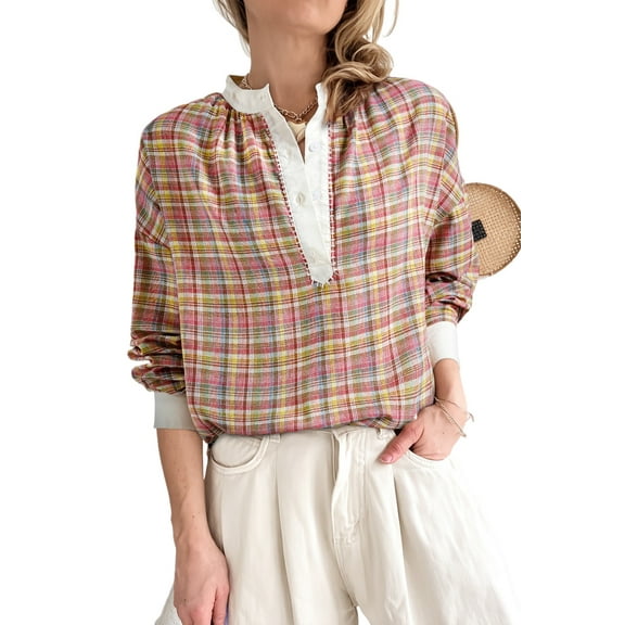 Women's Pink Colorblock Plaid Patchwork Henley Blouse - Casual and Chic | [ZhiHiMeRi] | (US 12-14)L