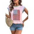 thumbnail image 1 of Women's Pink Colorblock Sequin American Flag Casual T-Shirt with Twisted Rib Texture | [ZhiHiMeRi] | (US 12-14)L, 1 of 8