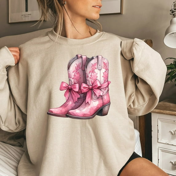 Women's Pink Cowboy Boots Western Coquette Sweatshirt
