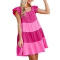 thumbnail image 1 of Women's Pink Crinkled Colorblock Patchwork Flutter Tiered Mini Dress - [ZhiHiMeRi] | (US 12-14)L, 1 of 12