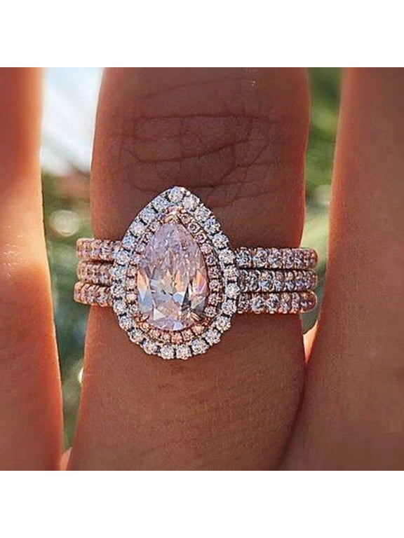 Women's Pink Crystal Drop Pear-Shaped Three-Layer Ring