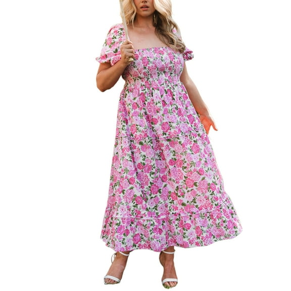 Women's Pink Dainty Floral Smocked Puff Sleeve Long Dress - Romantic Summer Maxi | [ZhiHiMeRi] | (US 16-18)XL