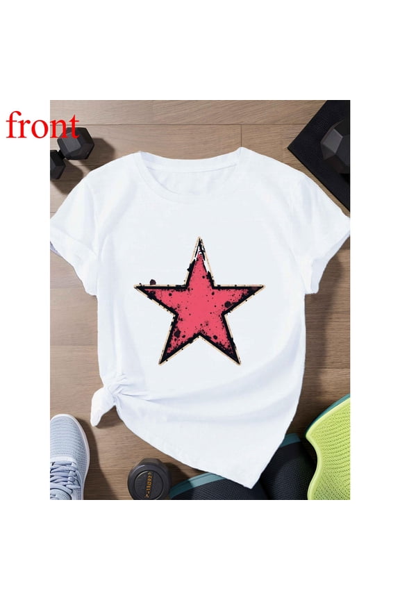Women's Pink Distressed Star Graphic Tee,Casual Short Sleeve Crew neck ，Loose Fit Comfortable T-Shirts，Fashion，cotton，white，S-5XL
