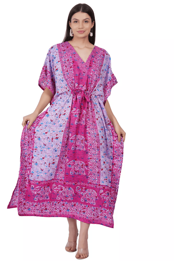 Women's Pink Elephant Printed Long Kaftan Maxi Tunic Caftan Gown Top Night Dress One Size
