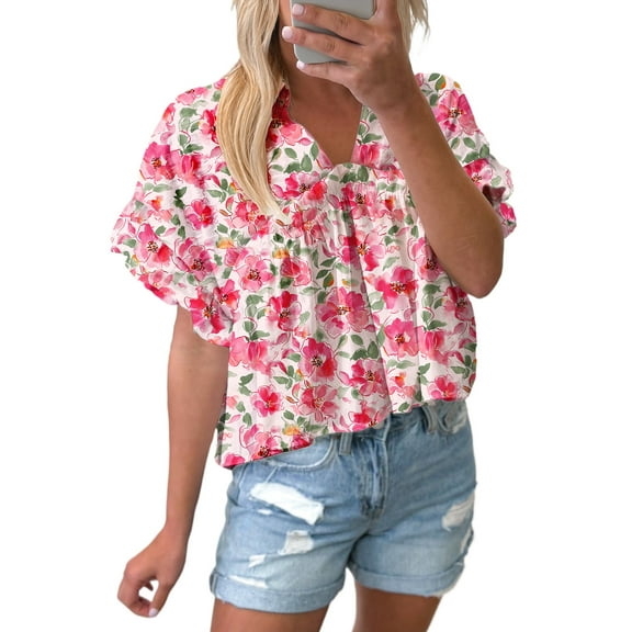 Women's Pink Floral Boxy Fit Ruffled Short Sleeve V Neck Blouse - [ZhiHiMeRi] | (US 16-18)XL
