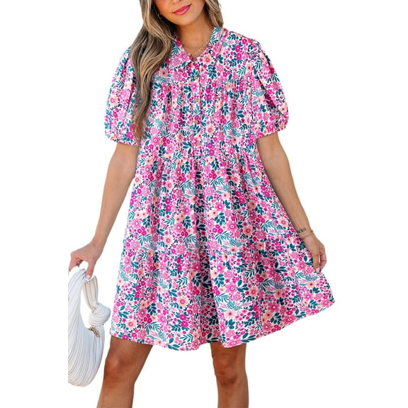 Women's Pink Floral Collared Half Placket Short Sleeve Loose Dress - Effortlessly Chic A-Line Design | [ZhiHiMeRi] | (US 12-14)L