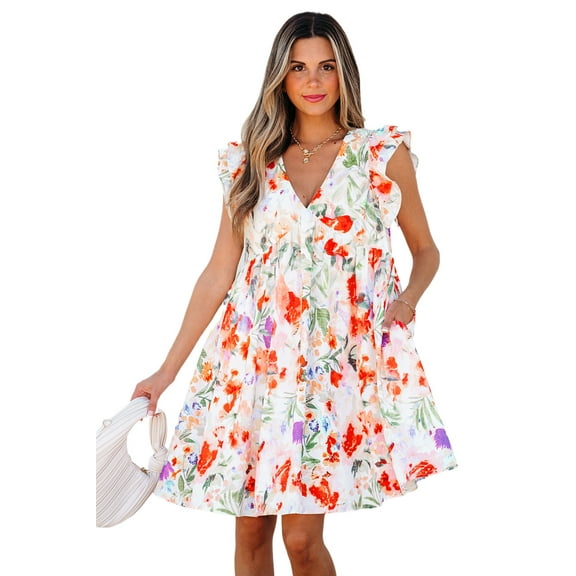 Women's Pink Floral Double Ruffle Sleeve V Neck High Waist Mini Dress - Perfect for Spring and Summer - [ZhiHiMeRi] | (US 12-14)L