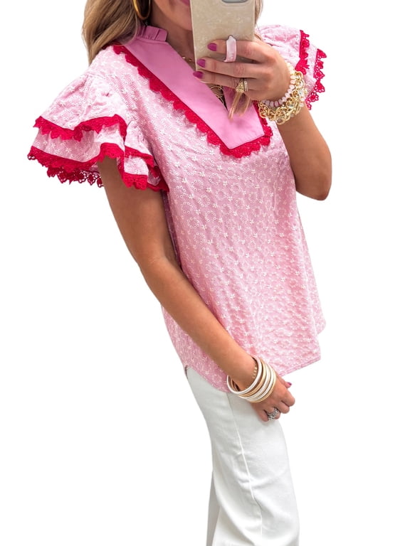 Women's Pink Floral Embroidered Blouse – V-Neck Flutter Sleeve Shirt with Contrast Lace Trim, S