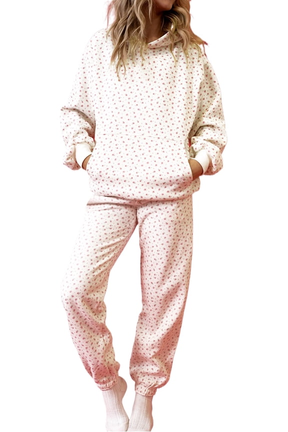 Women's Pink Floral Hoodie and Sweatpants Set – Casual Kangaroo Pocket Lounge Wear | XL