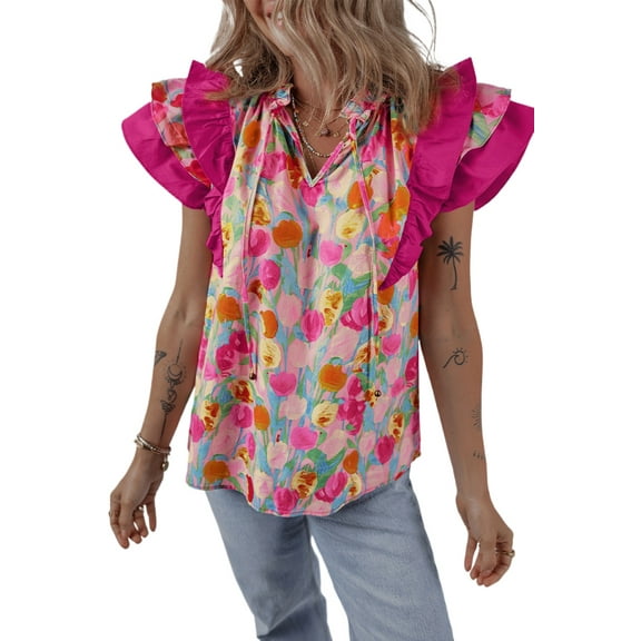 Women's Pink Floral Layered Ruffle Flutter Sleeve Tie V Neck Blouse - Elegant Spring Style | [ZhiHiMeRi] | (US 16-18)XL