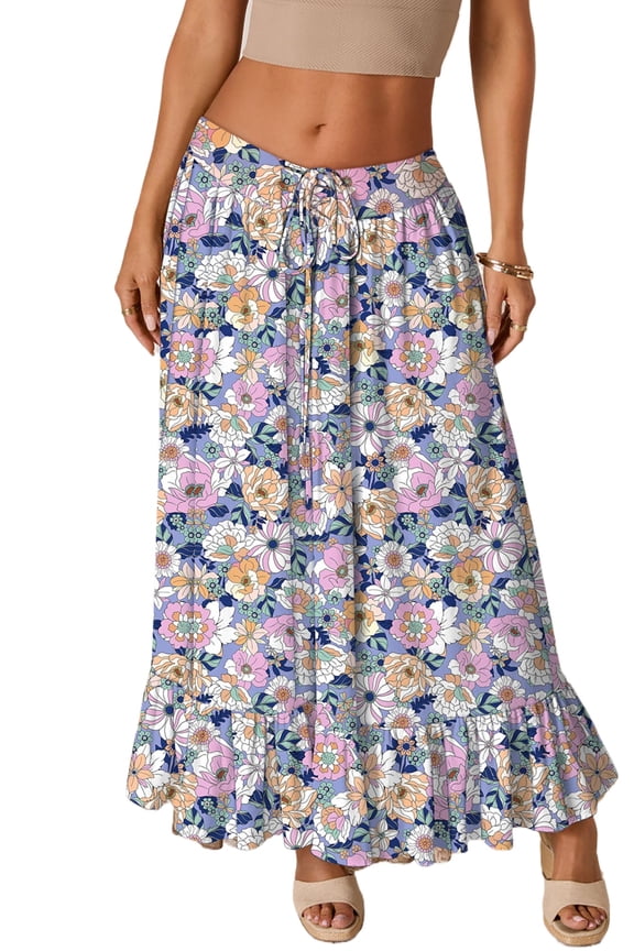 Women's Pink Floral Maxi Skirt – High Waist Lace-Up Ruffle Hem Long Skirt, Casual Southern Belle Style, M